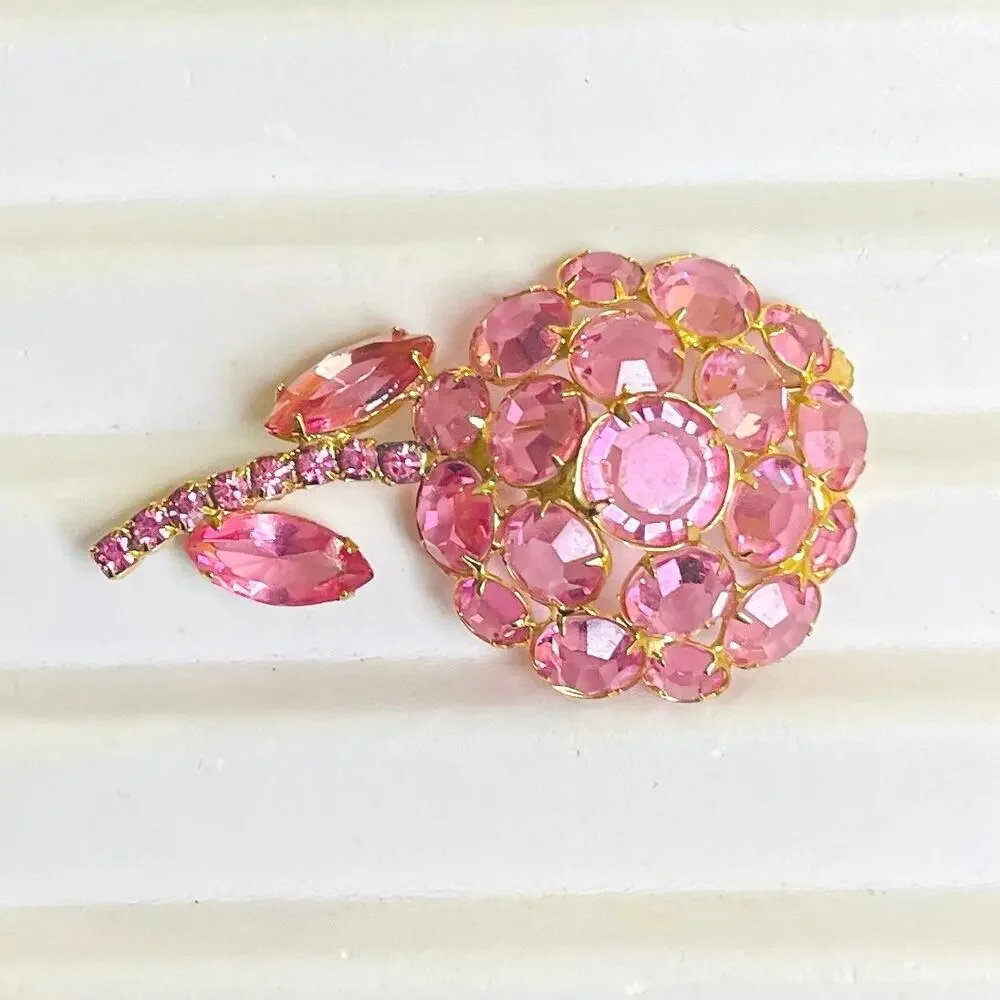 Vtg 60s Juliana DeLizza Elster Pink Rhinestone Flower Brooch Pin Original Box